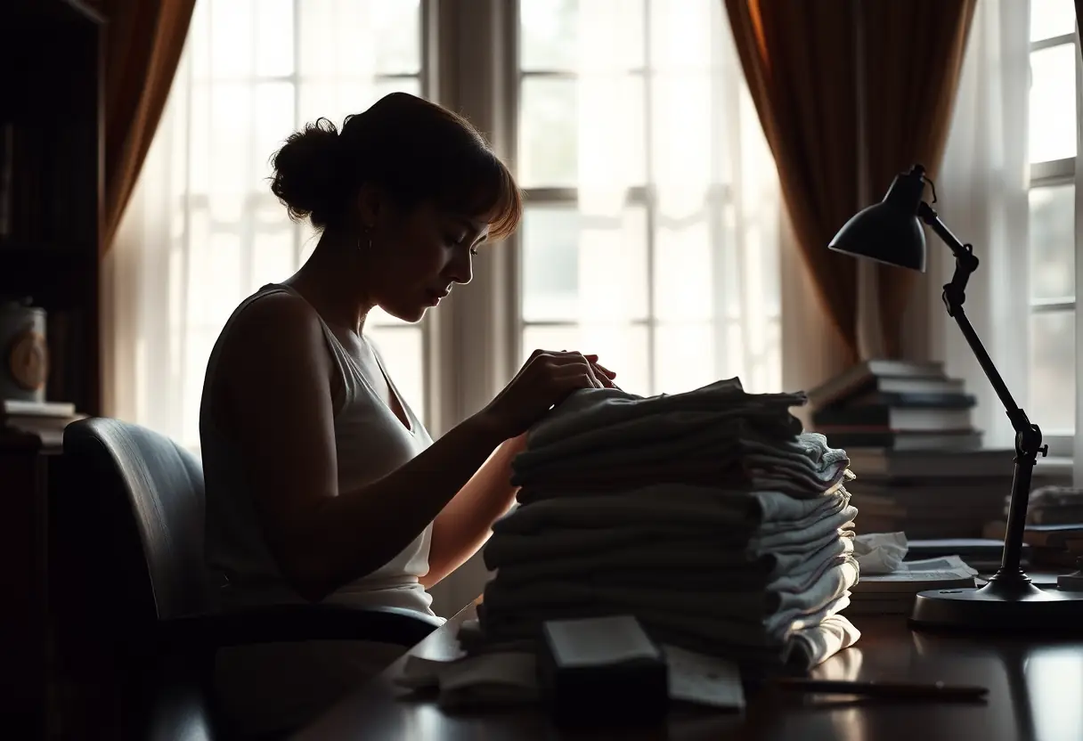 Silhouette de femme triant des dessous pliés sur son bureau, lumière naturelle diffuse