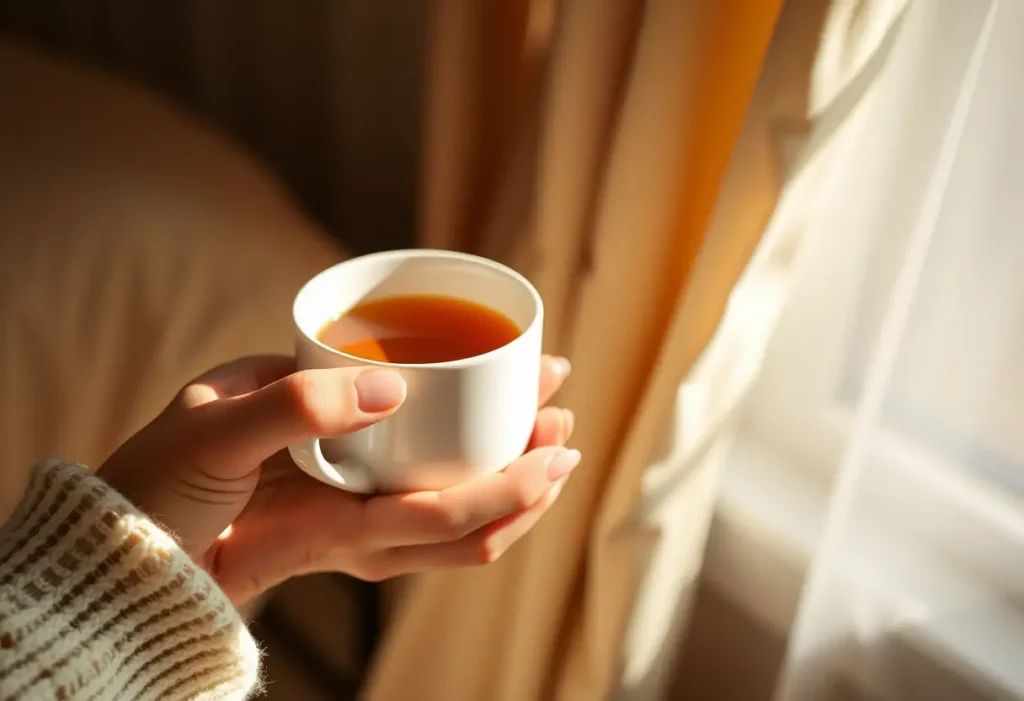 Une main féminine tenant une tasse de thé chaud, symbolisant le confort et la chaleur.
