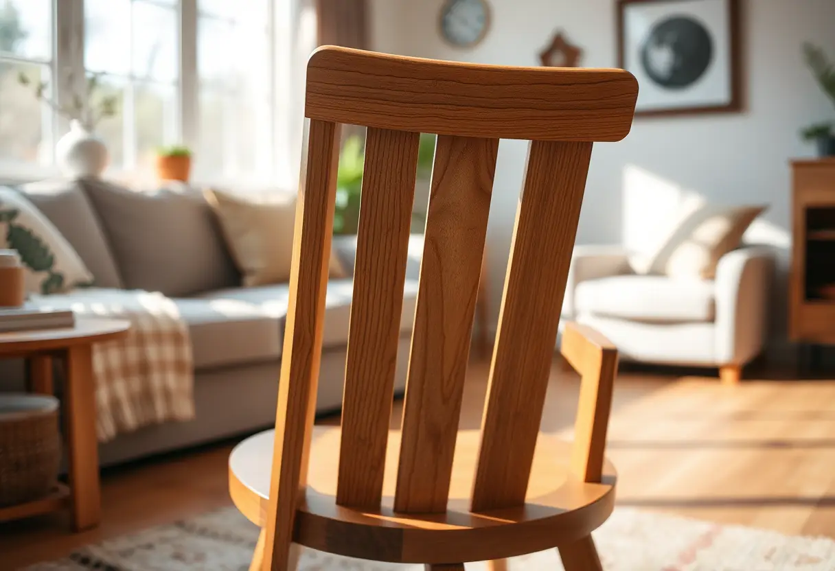 Un fauteuil en bois dans un salon accueillant, éclairé par la lumière du jour, représentant un espace apaisant.