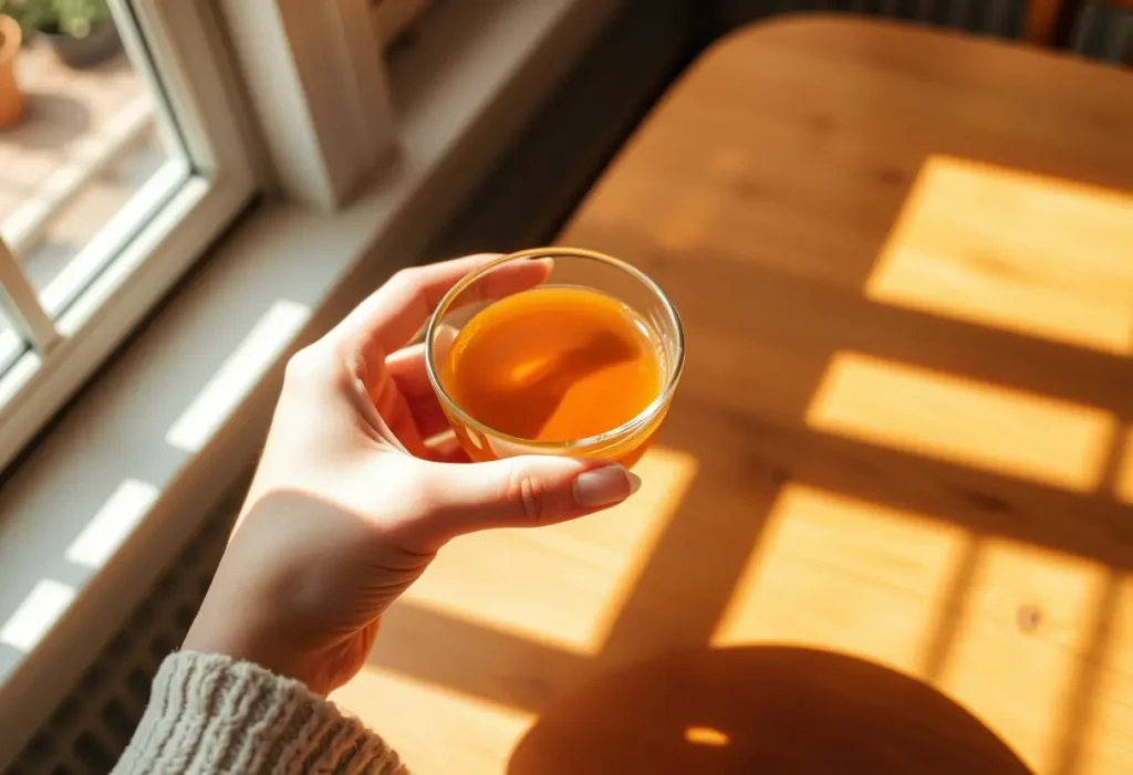 Une main tenant une tasse de thé herboriste sur une table en bois, éclairée par la lumière naturelle