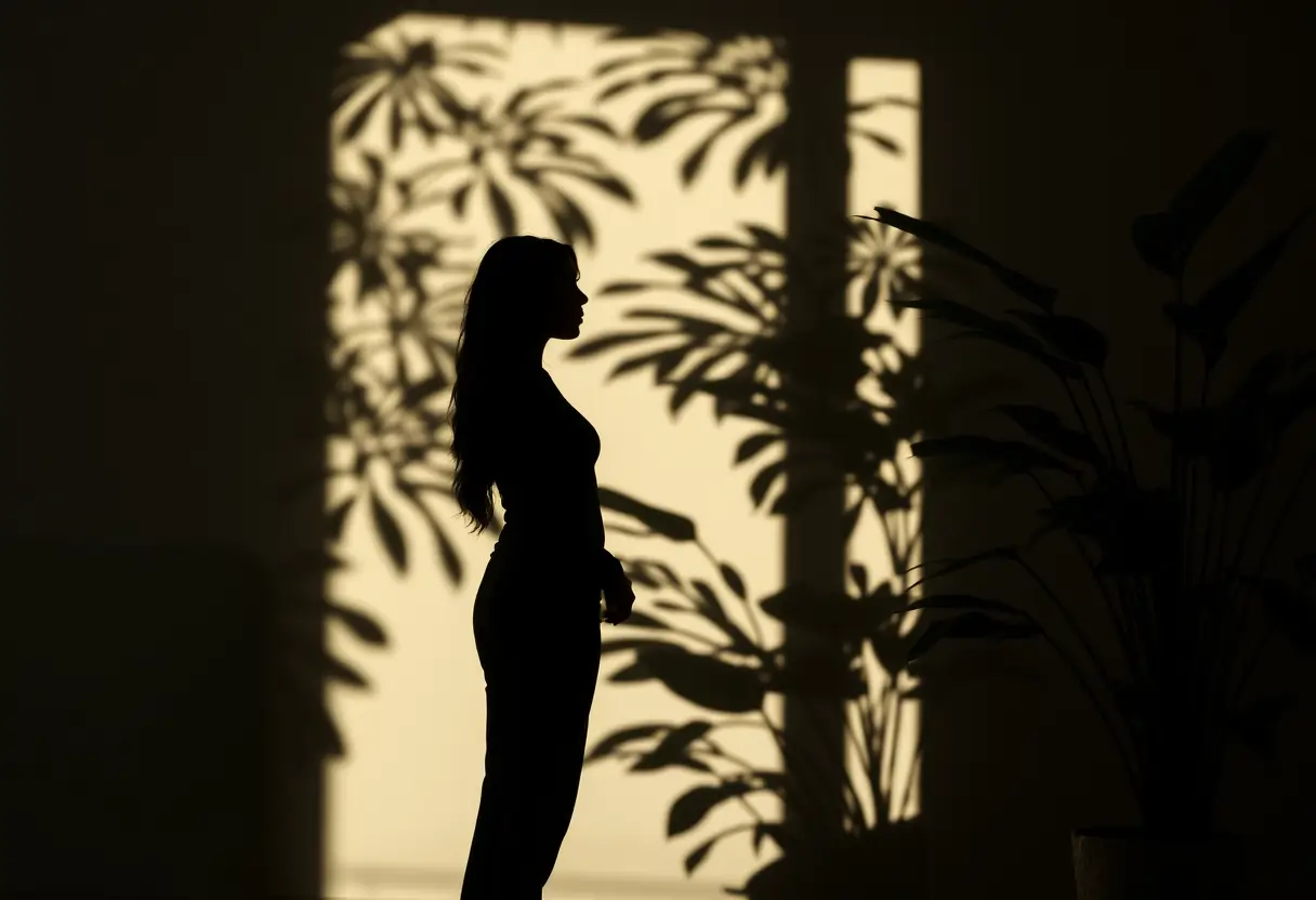 Un profil flou d'une femme debout près d'un grand pot de plantes vertes, avec des ombres douces sur le mur