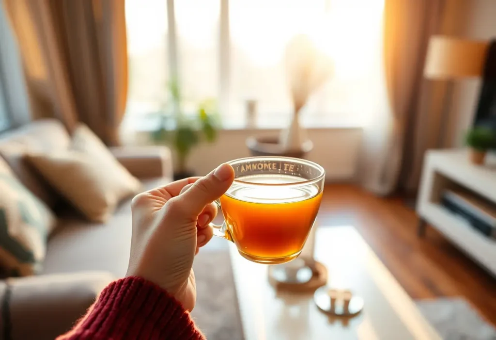 Une main féminine tient une tasse de thé à la camomille dans un salon accueillant, éclairée par la lumière du jour