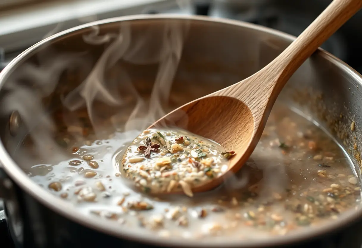 Une cuillère en bois mélangeant une mixture aromatique sur une cuisinière, éclairée par la lumière naturelle du jour