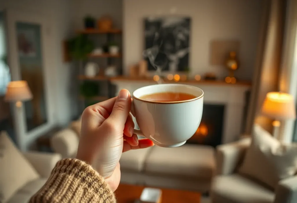 Une main féminine tenant une tasse de thé chaud dans un salon accueillant, éclairé naturellement, évoquant la sérénité et le bien-être