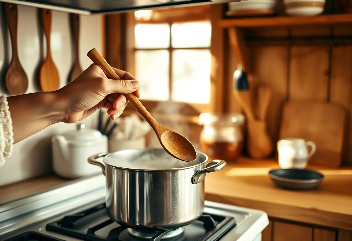 Une main tenant une cuillère en bois au-dessus d'une casserole bouillonnante dans une cuisine accueillante, liée au bien-être des femmes
