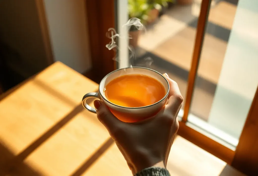 Une main tenant une tasse de thé chaud, les ombres douces sur une table en bois