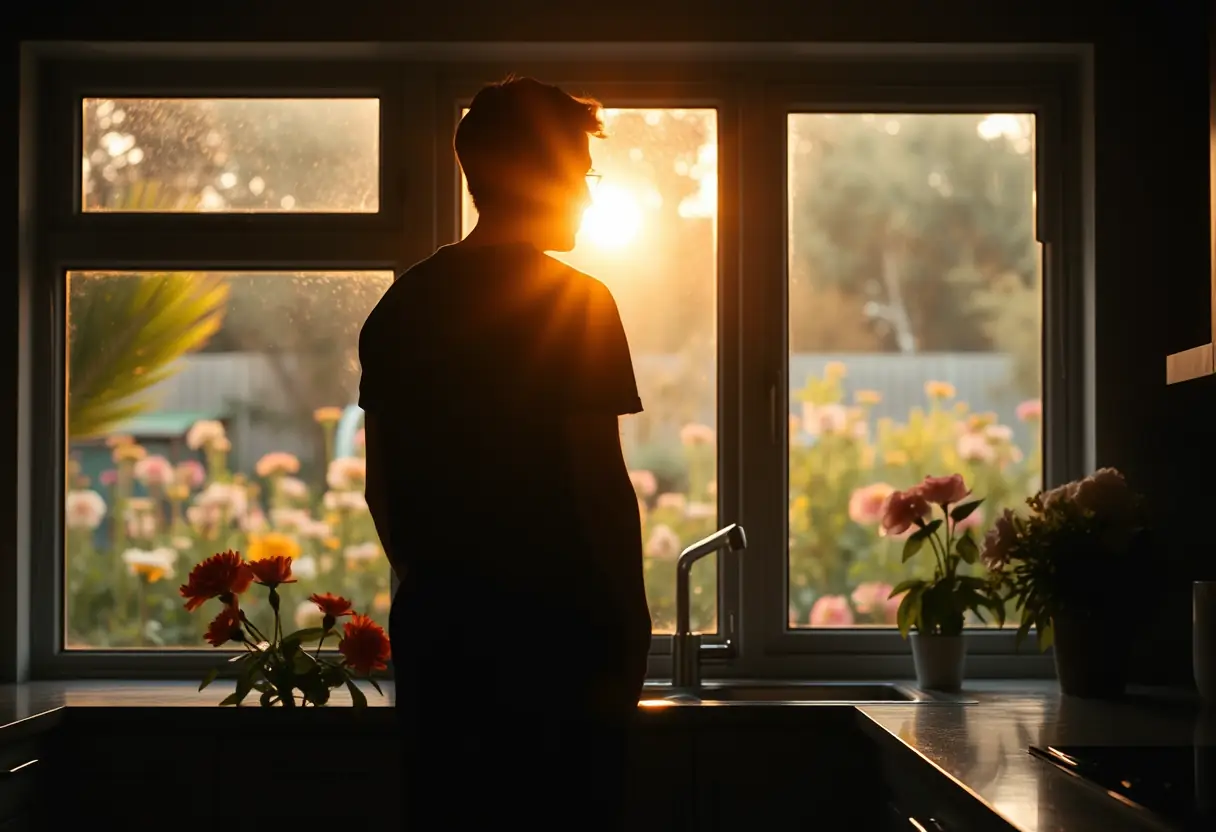 Un silhouettage regardant par la fenêtre sur un jardin en fleurs au matin