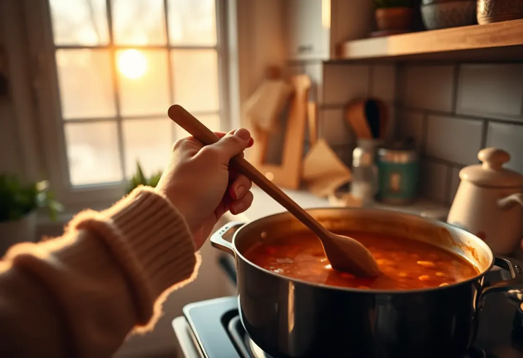 Une main féminine tient une cuillère en bois dans une cuisine accueillante, éclairée par la lumière du soir
