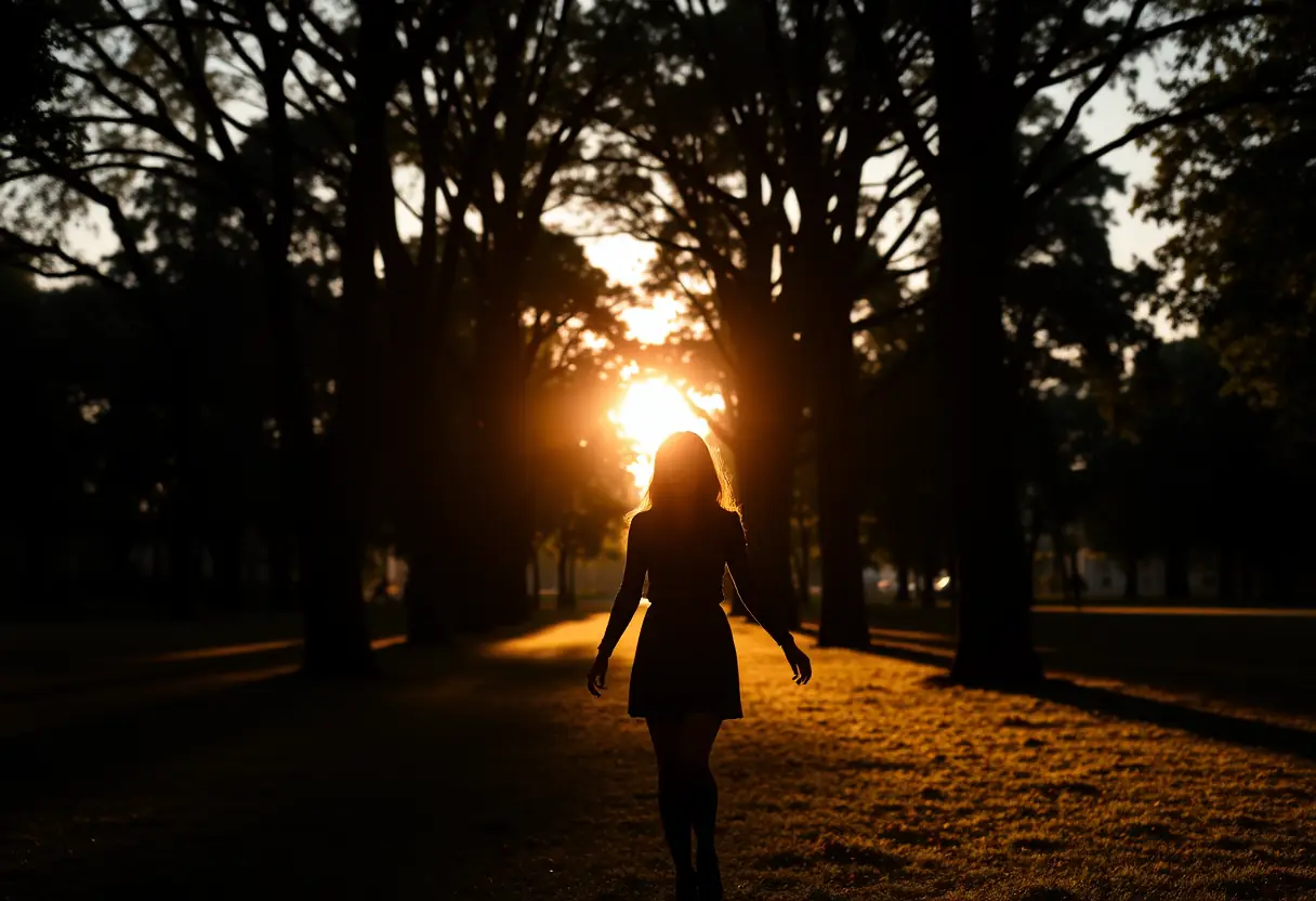 Un profil féminin au crépuscule dans un parc, entouré d'arbres aux ombres allongées, éclairé par la lumière dorée de la fin de journée