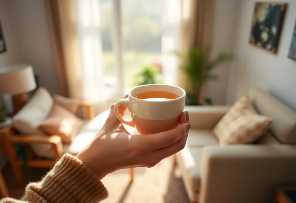 Une main tenant une tasse de thé herbeux dans un salon confortable