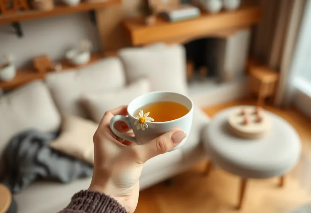 Une main tenant une tasse de thé au jasmin dans une atmosphère apaisante