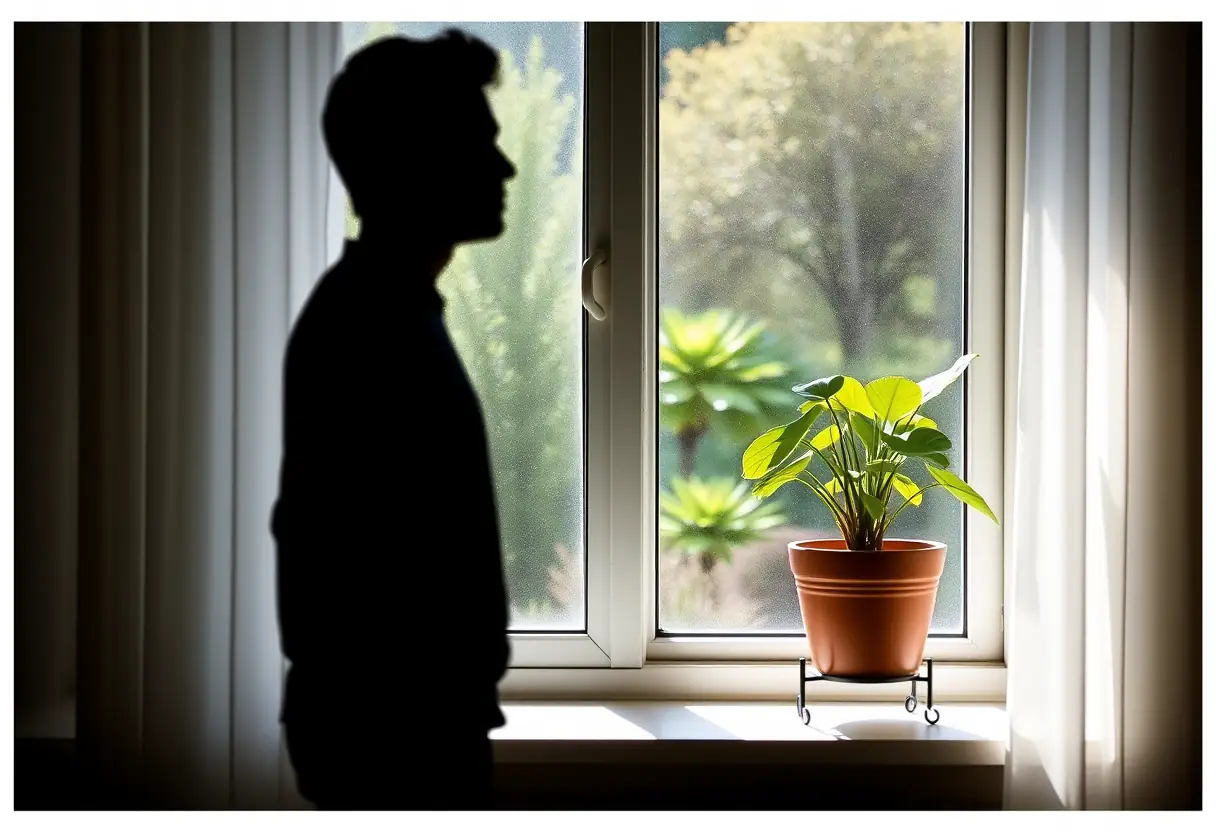Un silhouetté près d'une fenêtre avec une plante en pot sur le rebord
