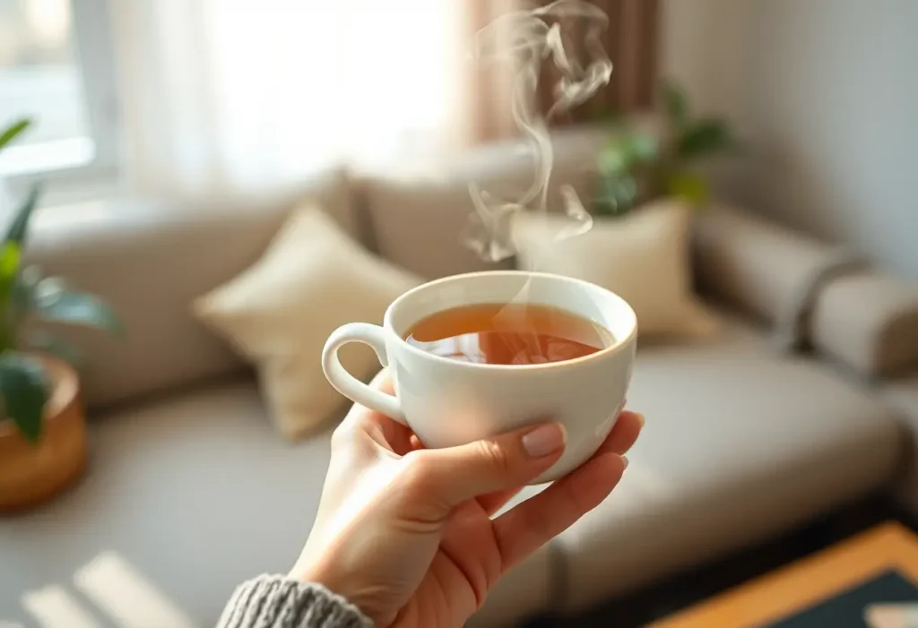 Une main tenant une tasse de thé chaud dans une atmosphère apaisante