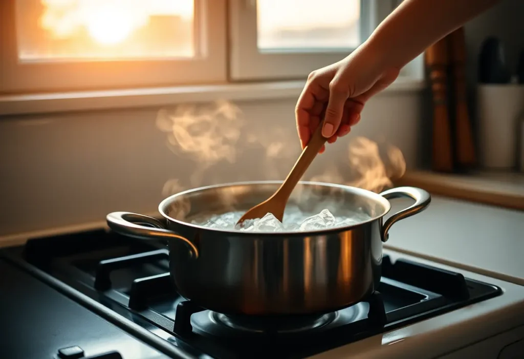 Une main féminine pose délicatement une cuillère en bois dans une casserole, éclairée par la lumière du soir.