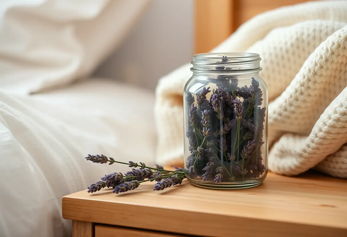 Un bocal en verre rempli de lavande sèche posé sur une table de nuit en bois avec une couverture en velours crème.