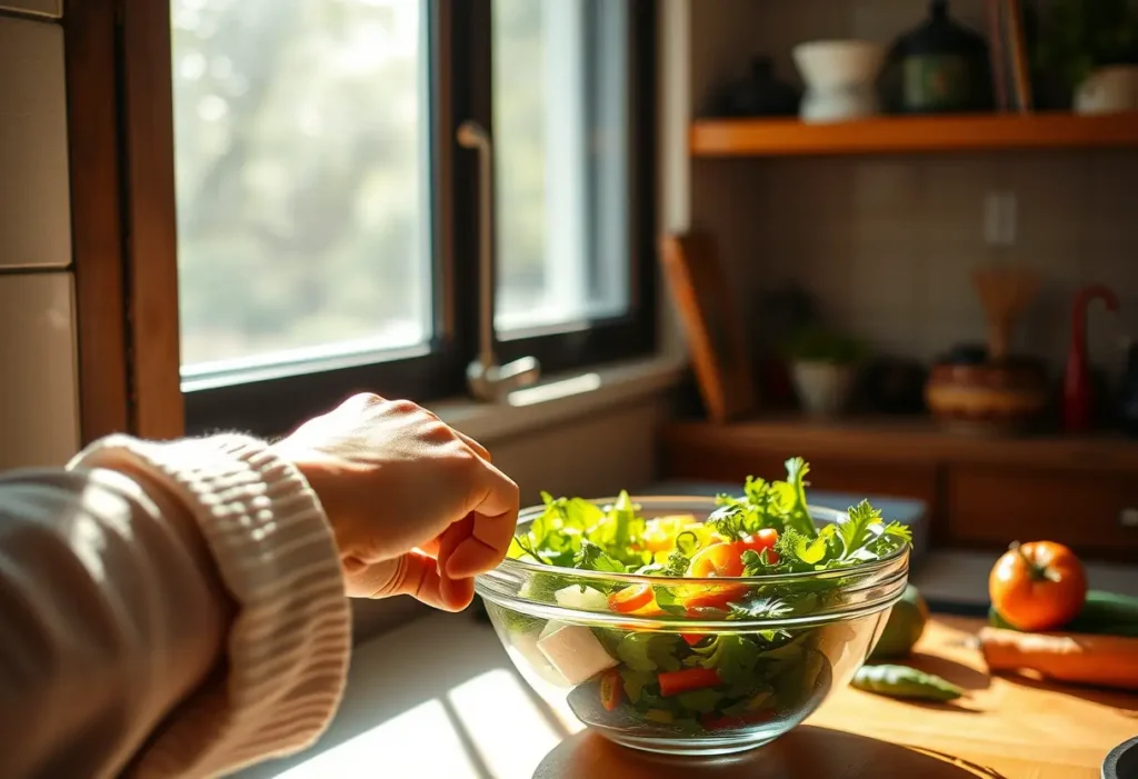 Une main féminine remue une assiette de légumes frais en cuisine, lumière naturelle chaude