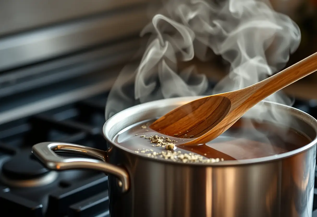 Une cuillère en bois mélangeant une marmite de thé herbagère sur un fourneau, la vapeur crée une atmosphère accueillante