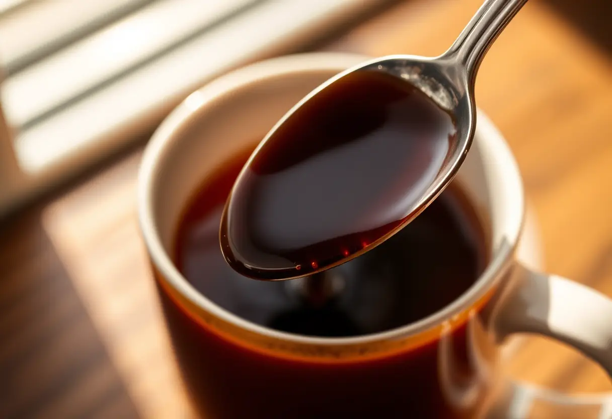 Un cuillère de molasses foncée dans une tasse de thé, éclairée par la lumière naturelle.