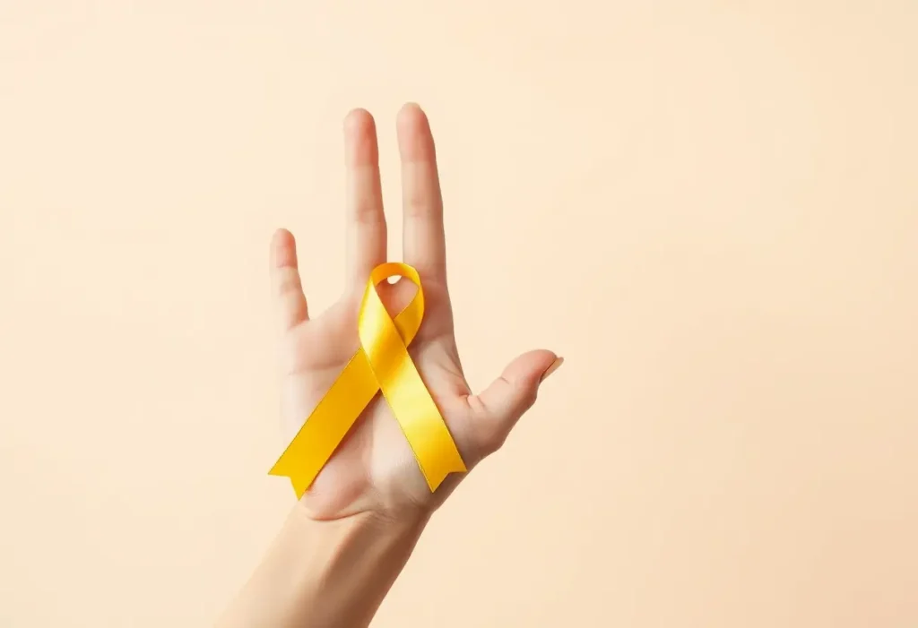 Main de femme tenant un ruban jaune pour la sensibilisation