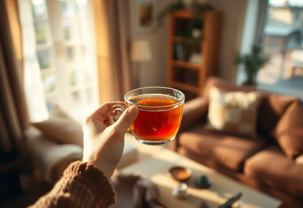Une main tenant une tasse de thé chaud dans un salon accueillant, lumineuse et apaisante