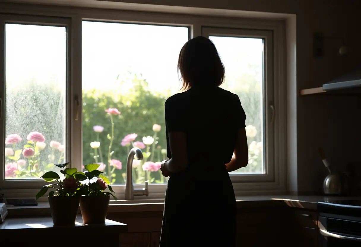 Un profil d'une femme regardant le jardin depuis la cuisine, la lumière du matin jouant sur les fleurs
