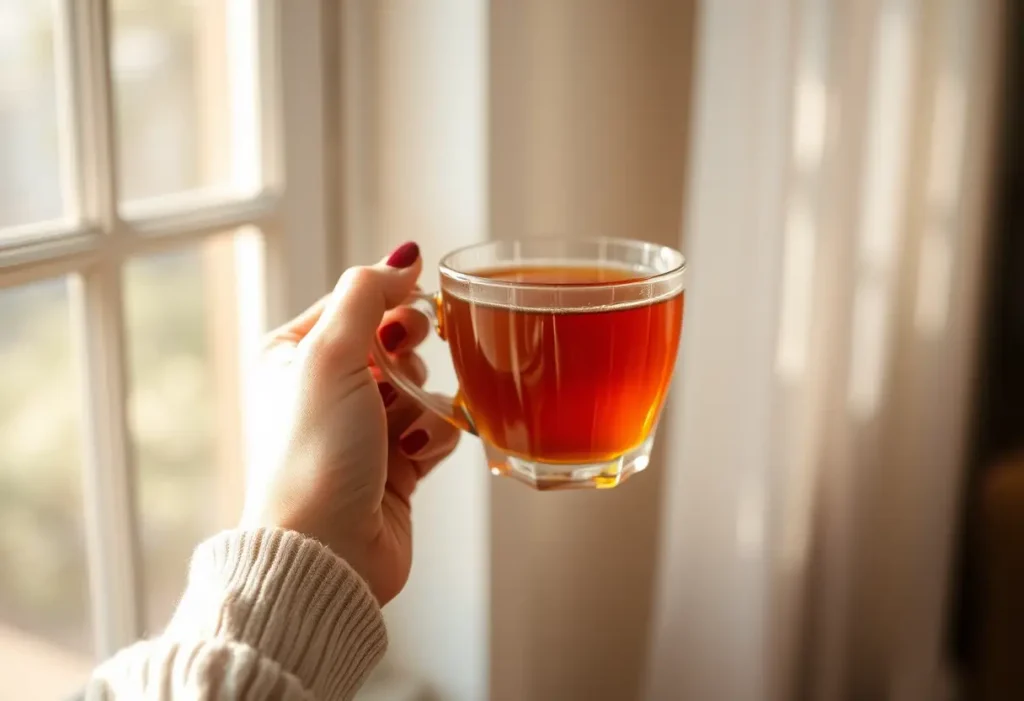 Une main tenant une tasse de thé chaud, lumière naturelle