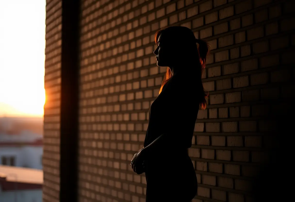Un profil de femme contre un mur en brique, le soleil couchant éclairant son visage