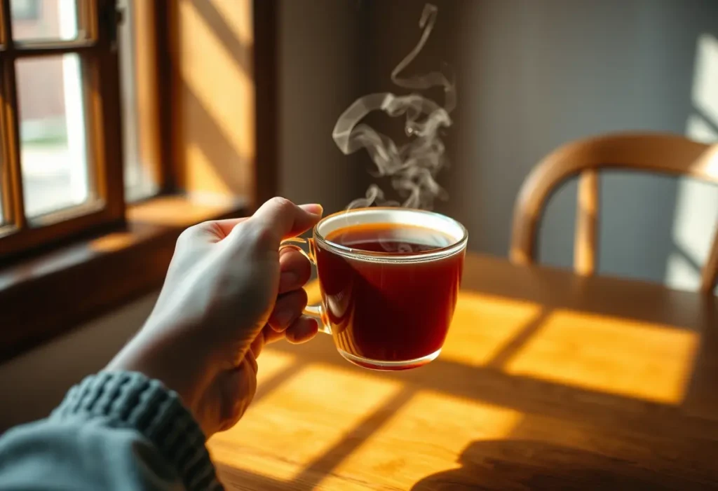 Une main tenant une tasse de thé chaud sur une table en bois
