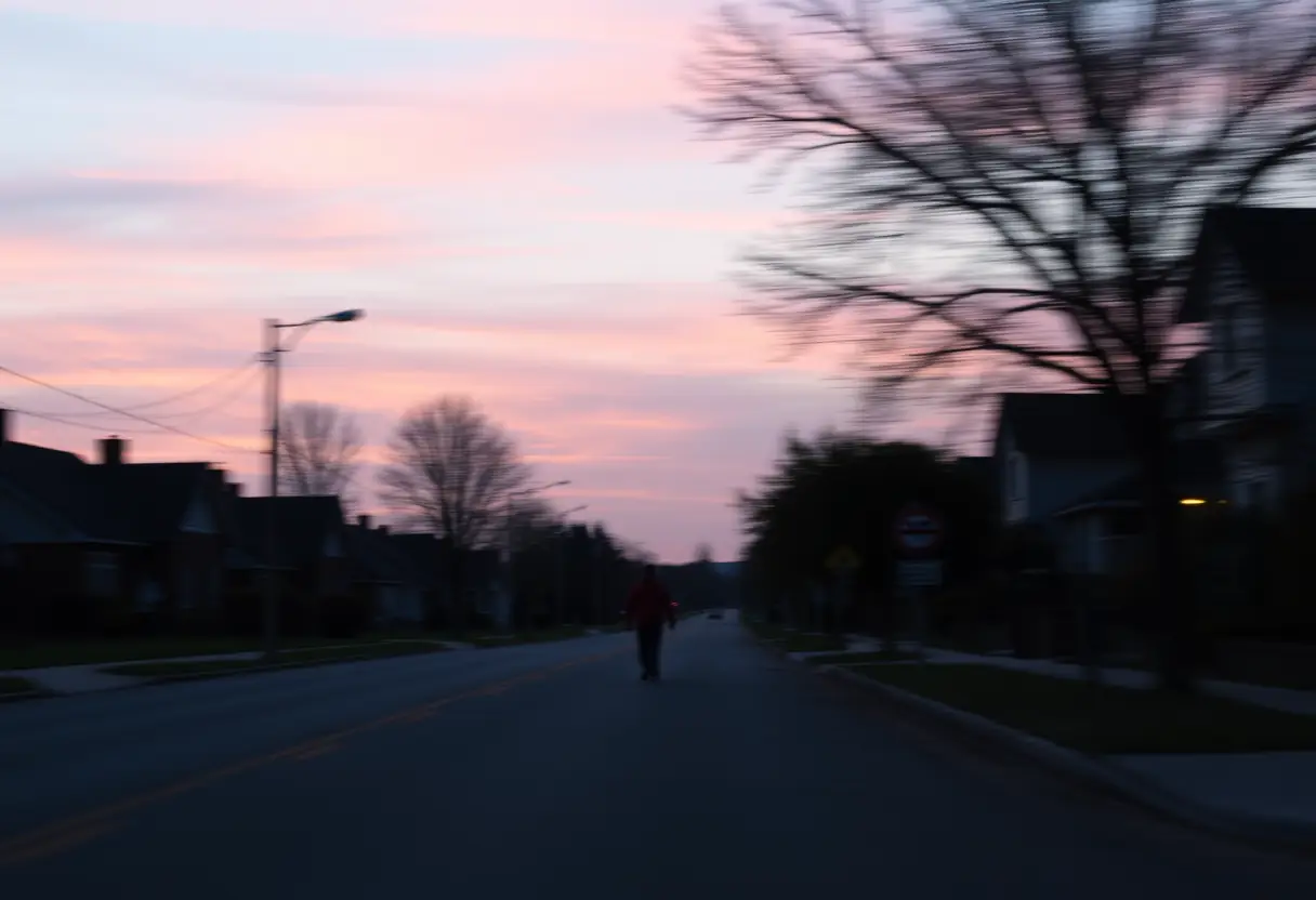 Un silhouetté marche seul dans la rue au crépuscule, le ciel teinté de doux pastels