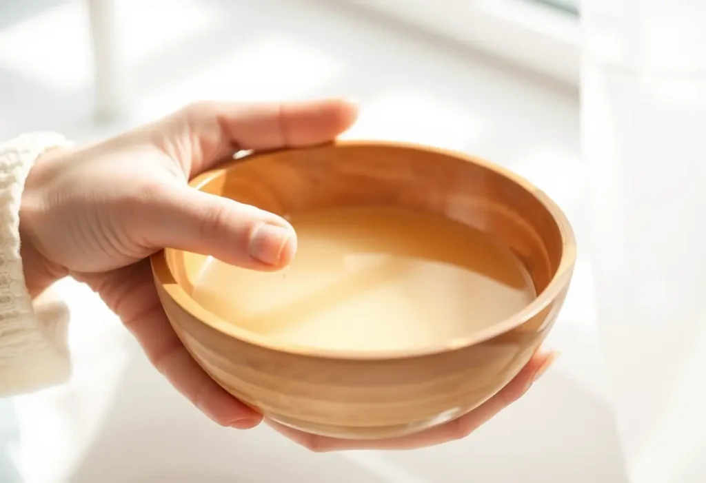 Une main féminine tenant un bol en bois avec de l'eau chaude, symbole des rituels de soin personnel.