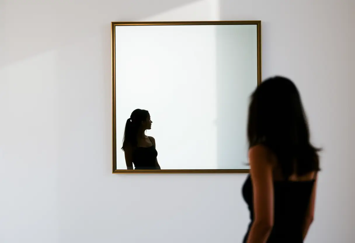 Silhouette d'une femme devant un grand miroir, reflétant l'importance de la réflexion personnelle.