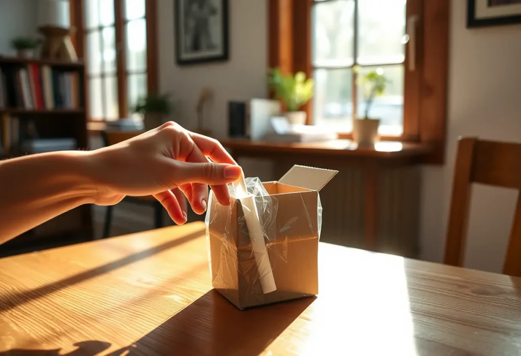 Une main féminine tient une boîte contenant un test de ménopause sur une table dans un bureau accueillant.