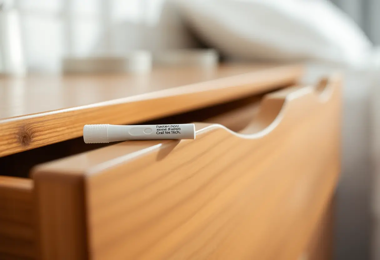 Un tiroir en bois contenant un petit stick de test de ménopause dans une chambre, éclairé naturellement.
