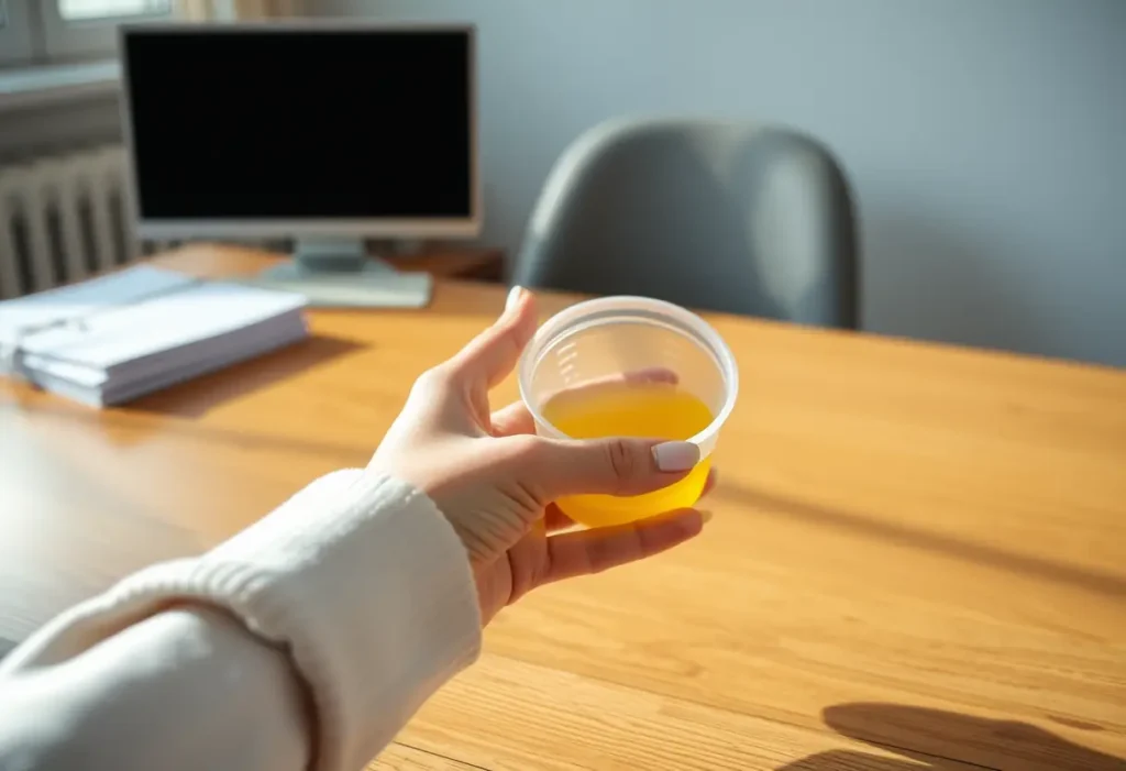 Une main féminine tient un petit pot en plastique contenant de l'urine matinale, rappelant la pré-ménopause