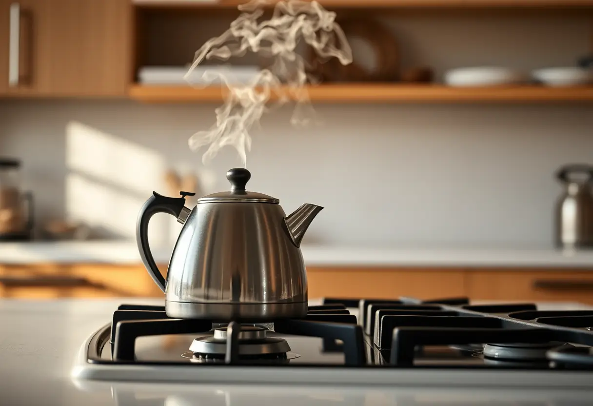 Un bouilloire sifflote sur une plaque de cuisson au gaz dans une cuisine moderne, évoquant le bien-être féminin