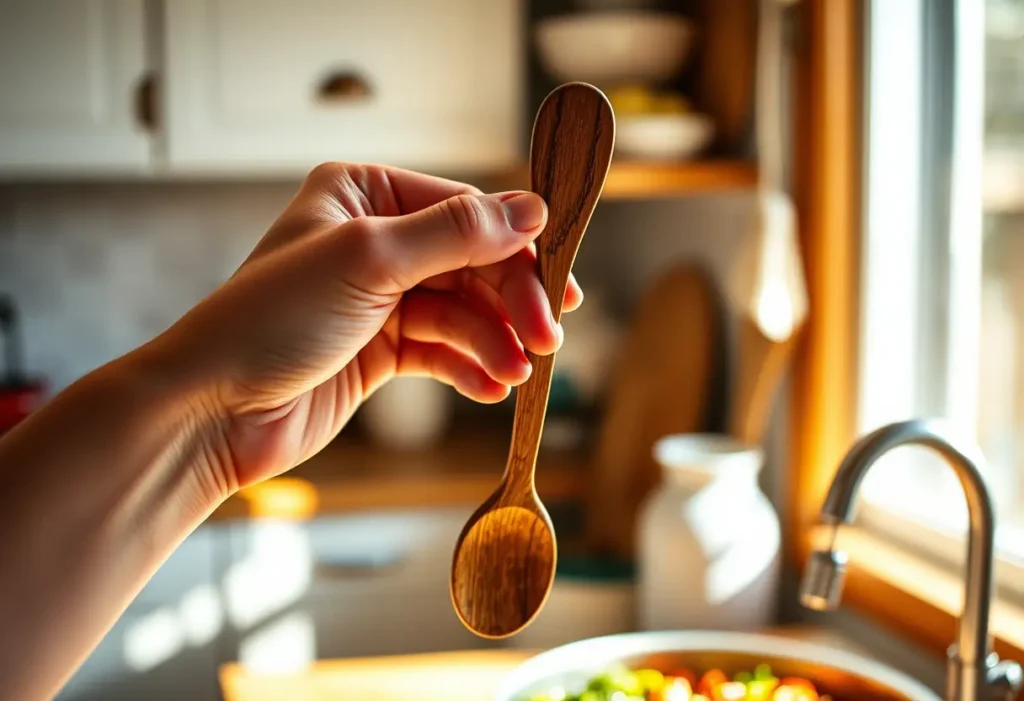 Une main féminine tenant une cuillère à salade en bois dans une cuisine bien éclairée, rappelant l'importance du confort au quotidien
