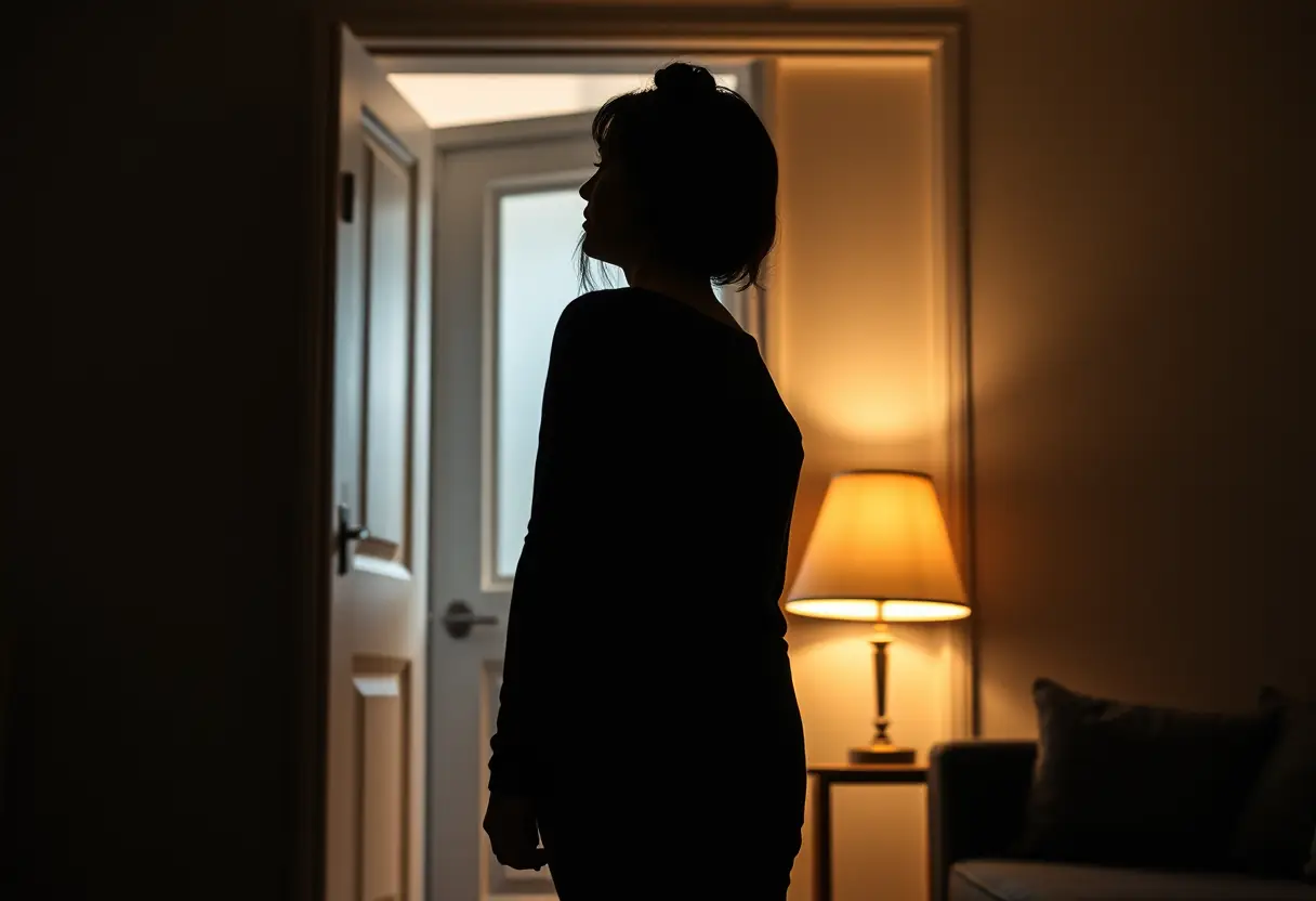 Silhouette d'une femme se tenant près d'un chambranle de porte blanc dans un salon accueillant, soulignant l'importance de la quiétude
