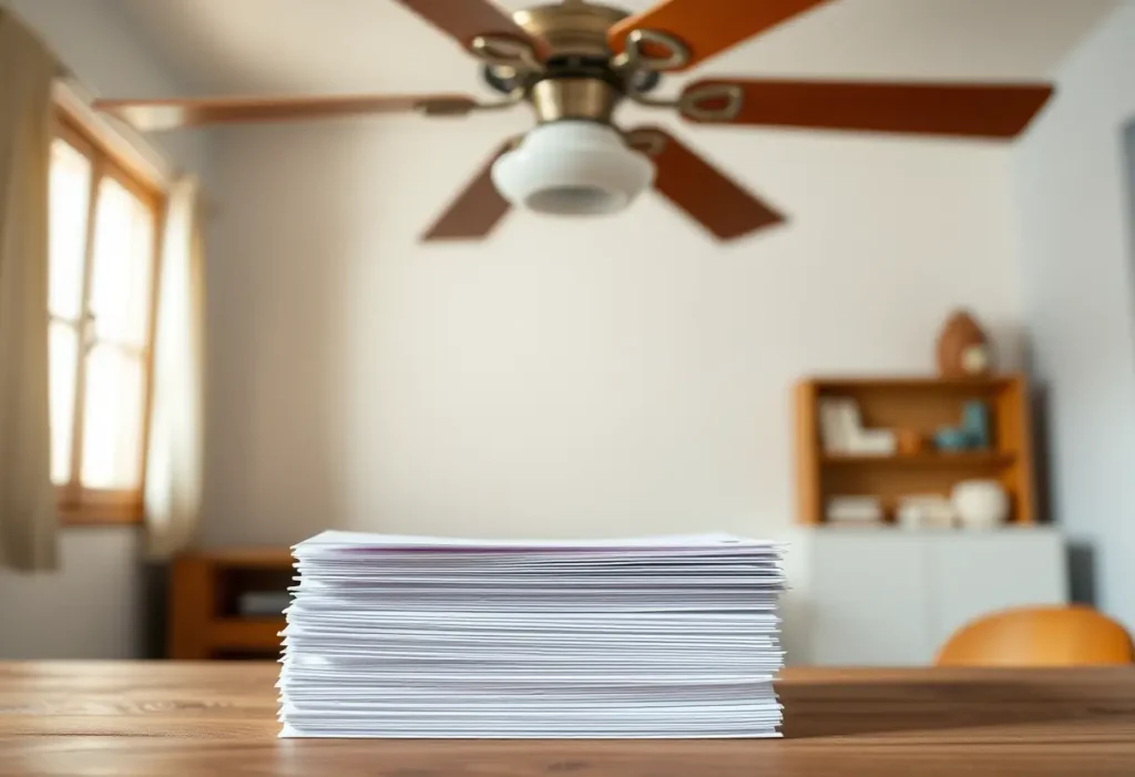 Un tas d’enveloppes blanches sises soigneusement sur un bureau en bois sous un ventilateur qui tourne doucement, projetant une légère brise dans la pièce
