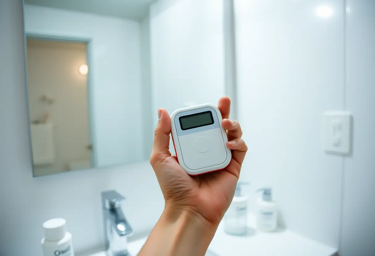 Une main tient une boîte plastique avec un afficheur numérique, posée sur une tablette de toilettes dans la salle de bains, éclairée par une lumière tamisée