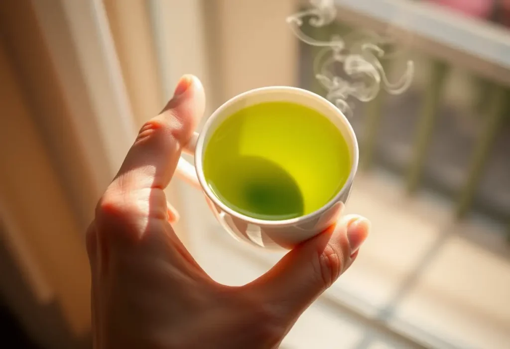 Une main tenant une tasse de thé vert fumant, apportant sérénité et bien-être