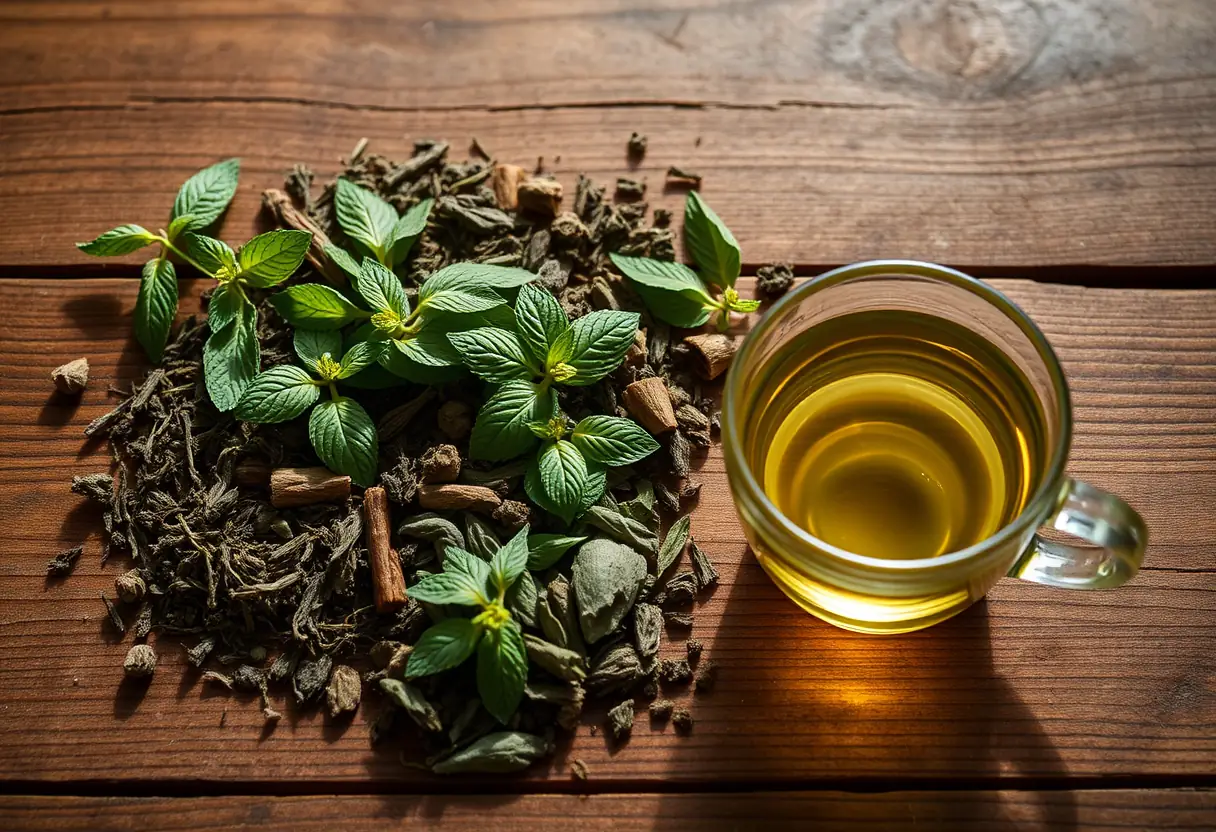 Un plan de travail en bois garni d'herbes sèches, dont des feuilles de menthe et du thé vert, favorisant la santé et la digestion