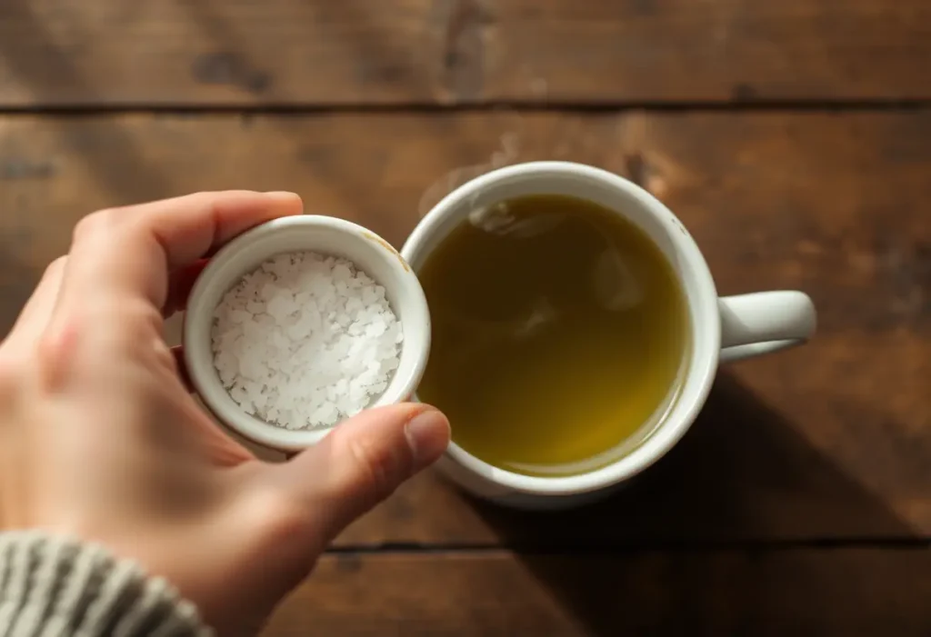 Une main pose un bol en céramique rempli de sucre cristallin à côté d'une tasse fumante de thé vert au citron