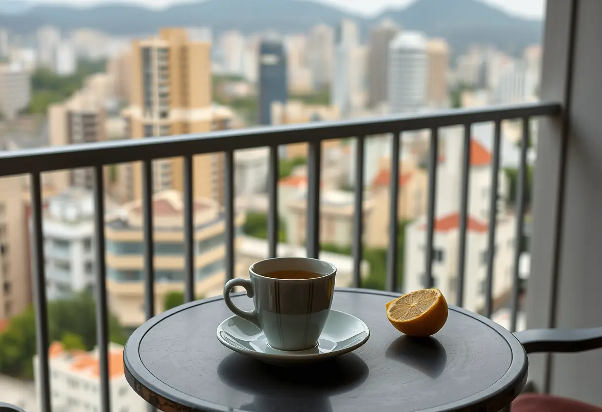Un balcon surplombe une ville, avec une table pour deux tenant une tasse de thé vert au citron et un citron entamé