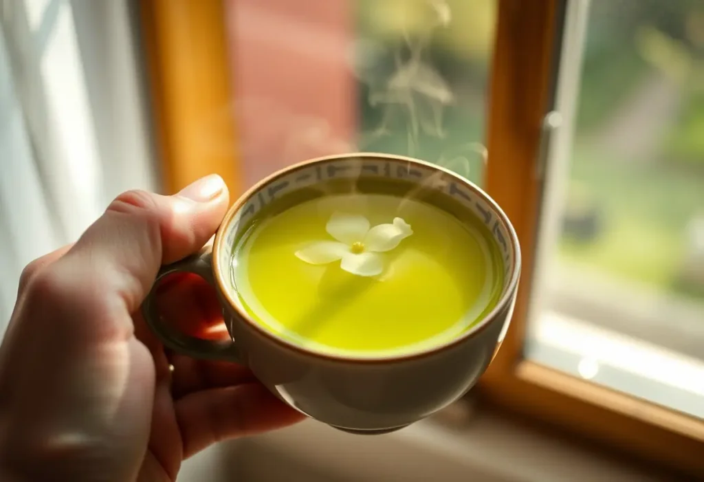 Une main tenant une tasse en céramique pleine de thé vert au jasmin fumant