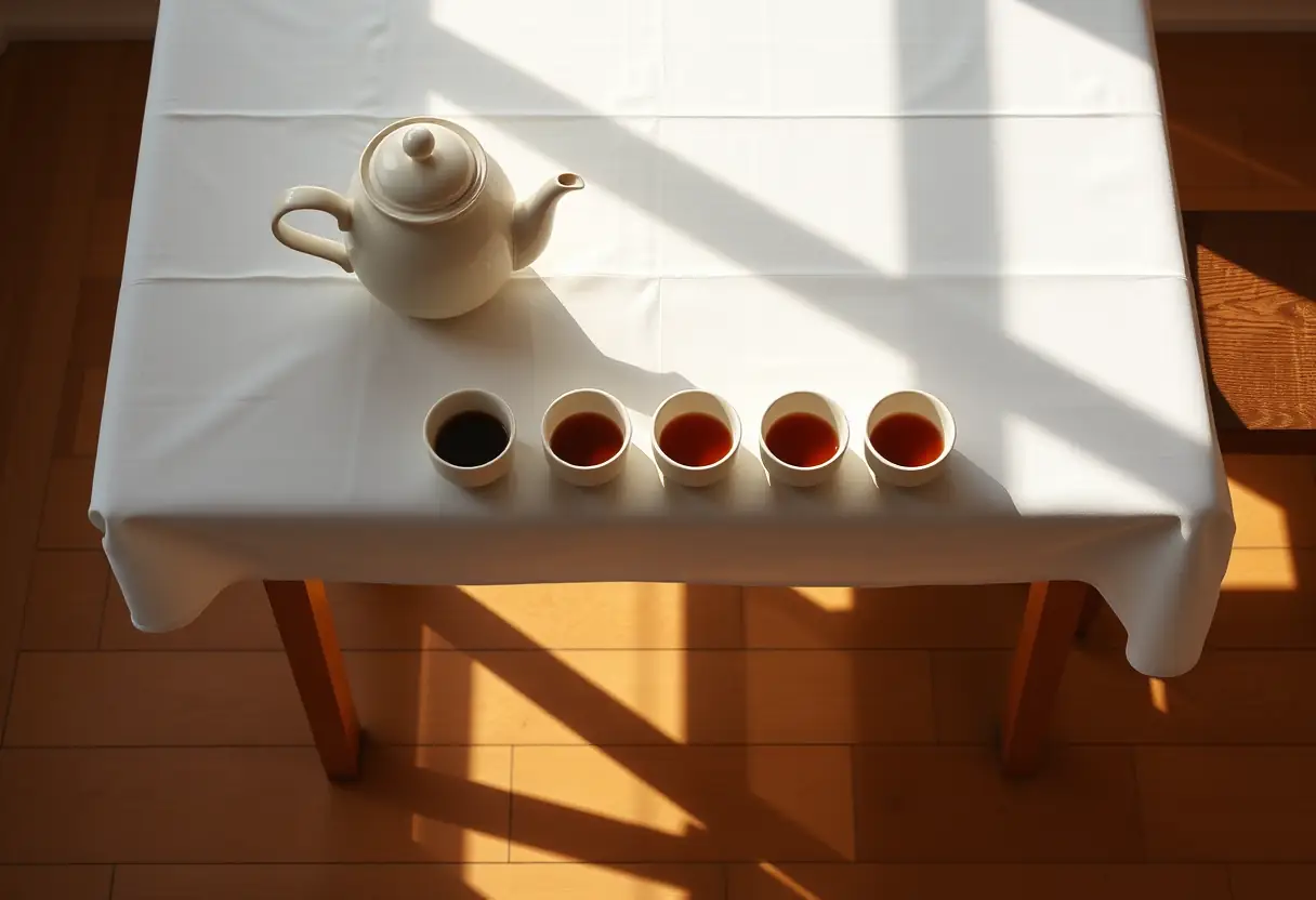 Une table en bois couverte d’une toile blanche, une théière en céramique verse son contenu dans quatre tasses