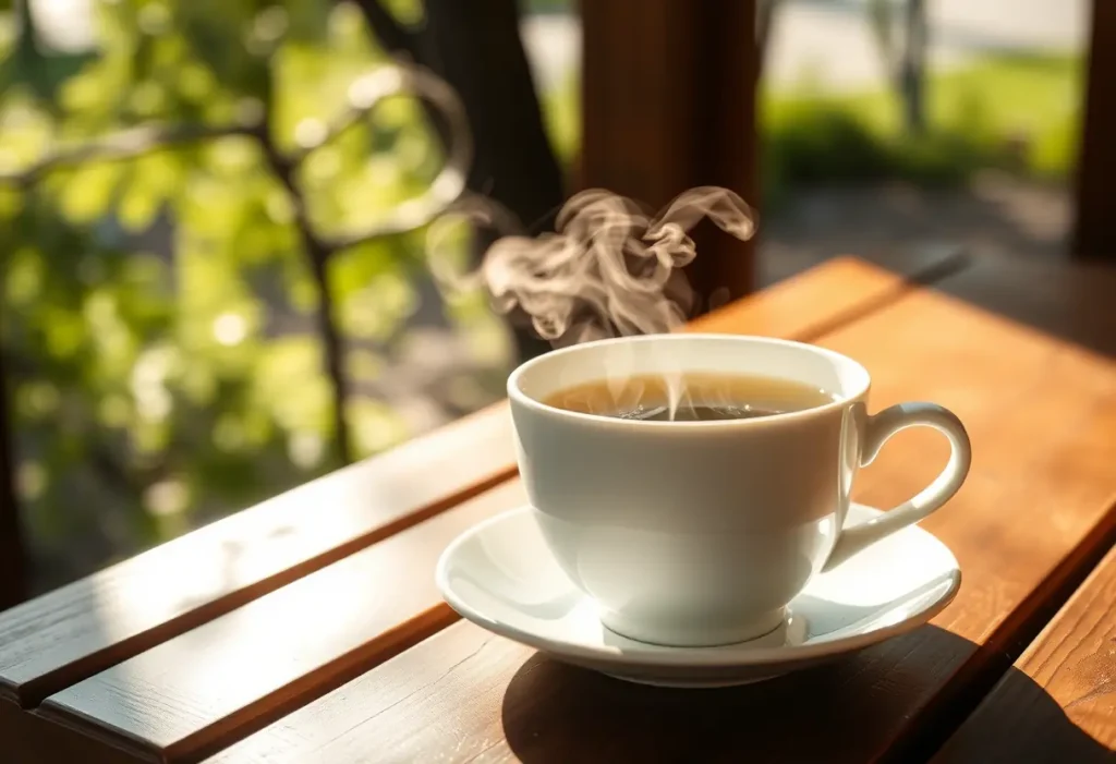 Une tasse de thé vert fumant sur une table en bois, la lumière naturelle soulignant la vapeur qui s'échappe
