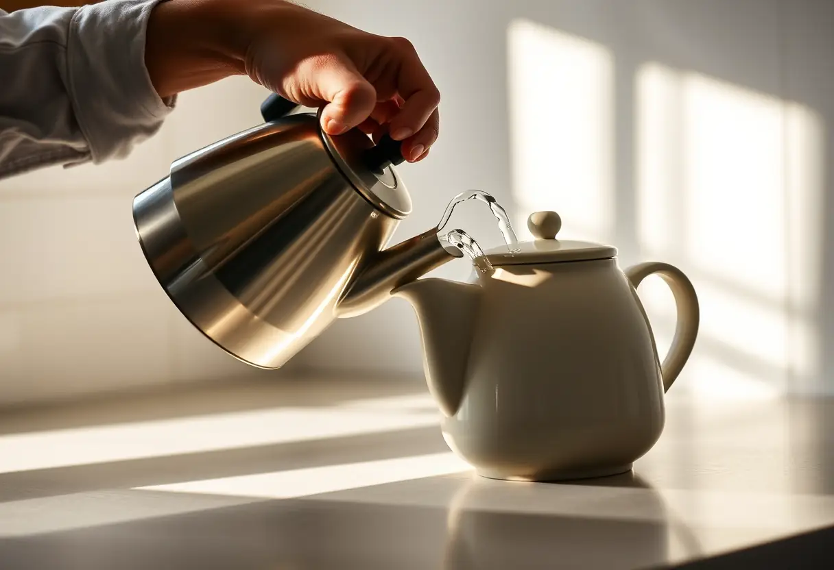 Une main verse de l'eau chaude d'une bouilloire dans une théière en céramique, la lumière du matin créant des ombres douces