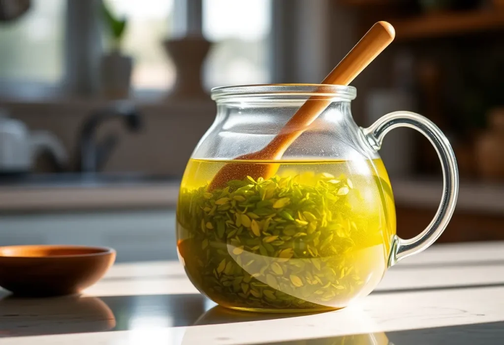 Une cuillère en bois mélange une théière en verre remplie de feuilles de thé vert citron, éclairant la cuisine.