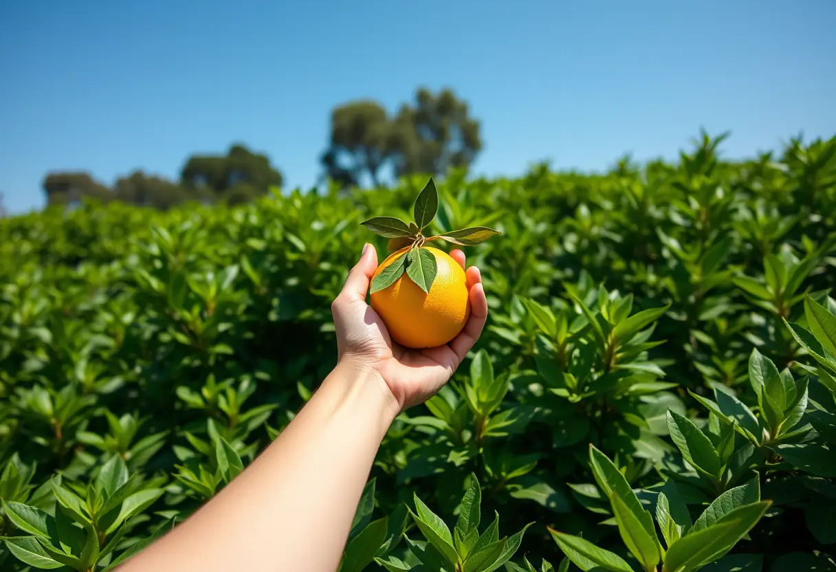 La main d'une femme tient un citron fraîchement cueilli dans un jardin calme, entouré de plantes de thé vert.