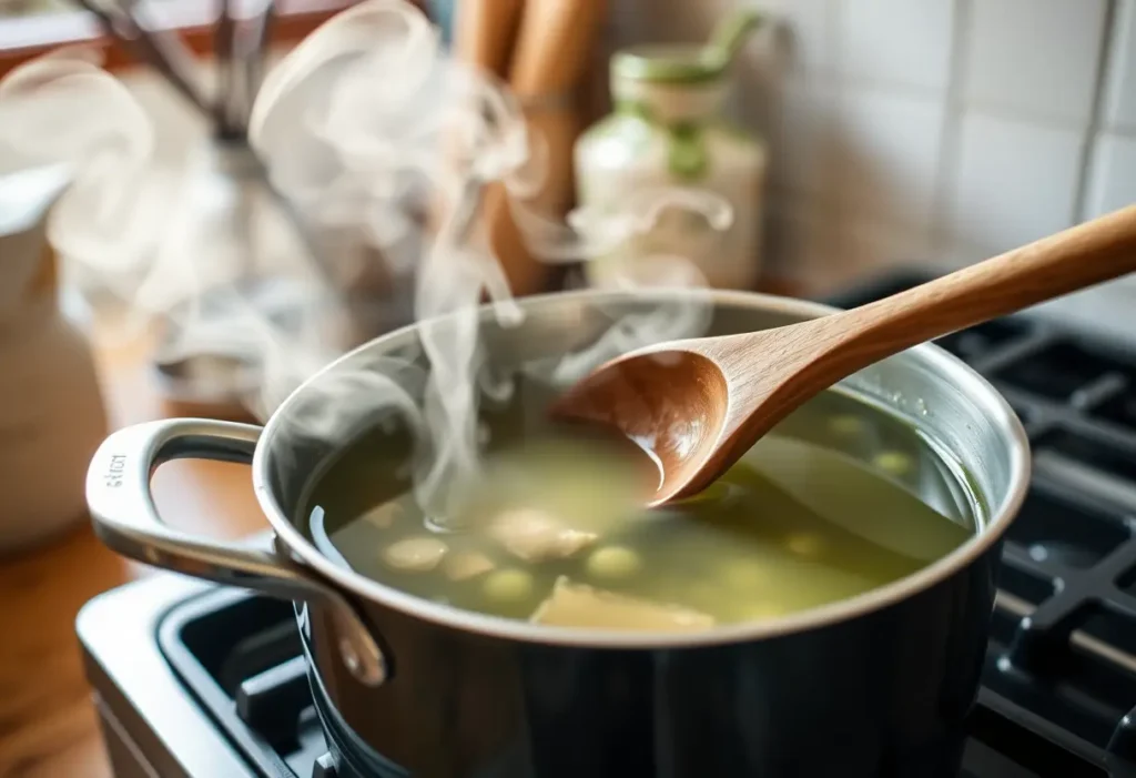 Cuillère en bois mélangeant du thé vert et du gingembre sur un gaz dans une cuisine accueillante, fumée apaisante.